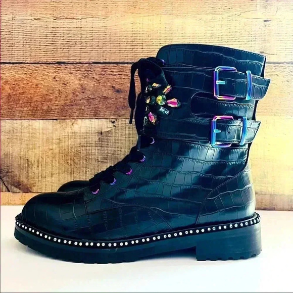 RARE NWT Kurt Geiger London Stoop Rainbow Crystal Oil Spill Leather Combat Boots - Picture 4 of 15